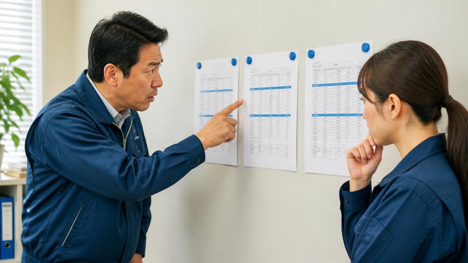 地場1〜2社と全国1〜2社の見積もりを同じ条件で並べる手順 事務所の壁に3社の見積書を貼り出して比べる運送会社の社長と事務員