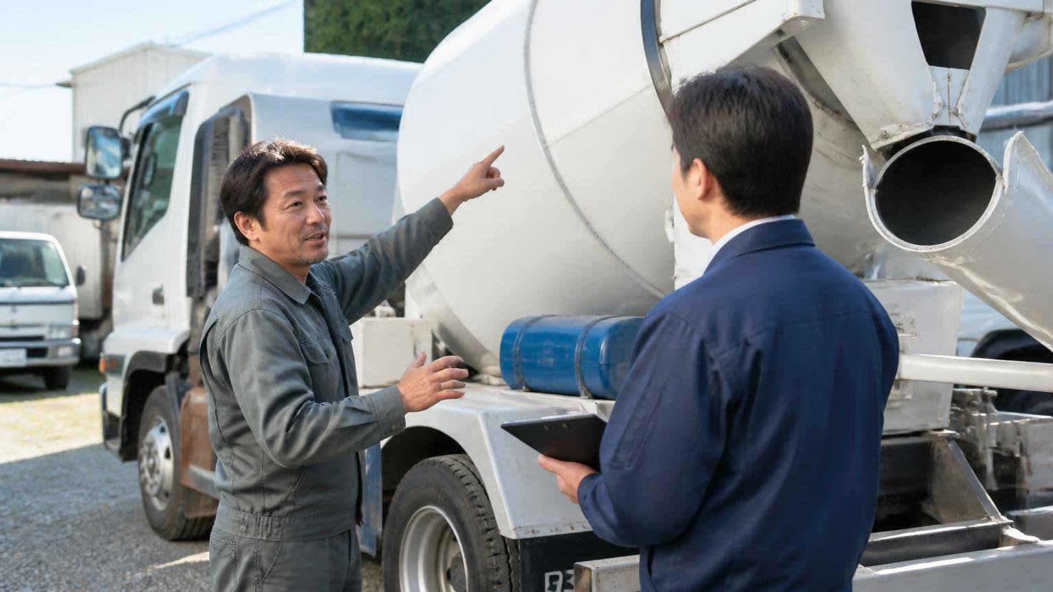 得意な業者に、架装と使い方まで伝える ミキサー車の前で男性オーナーが査定員にドラムを指さして熱心に説明する