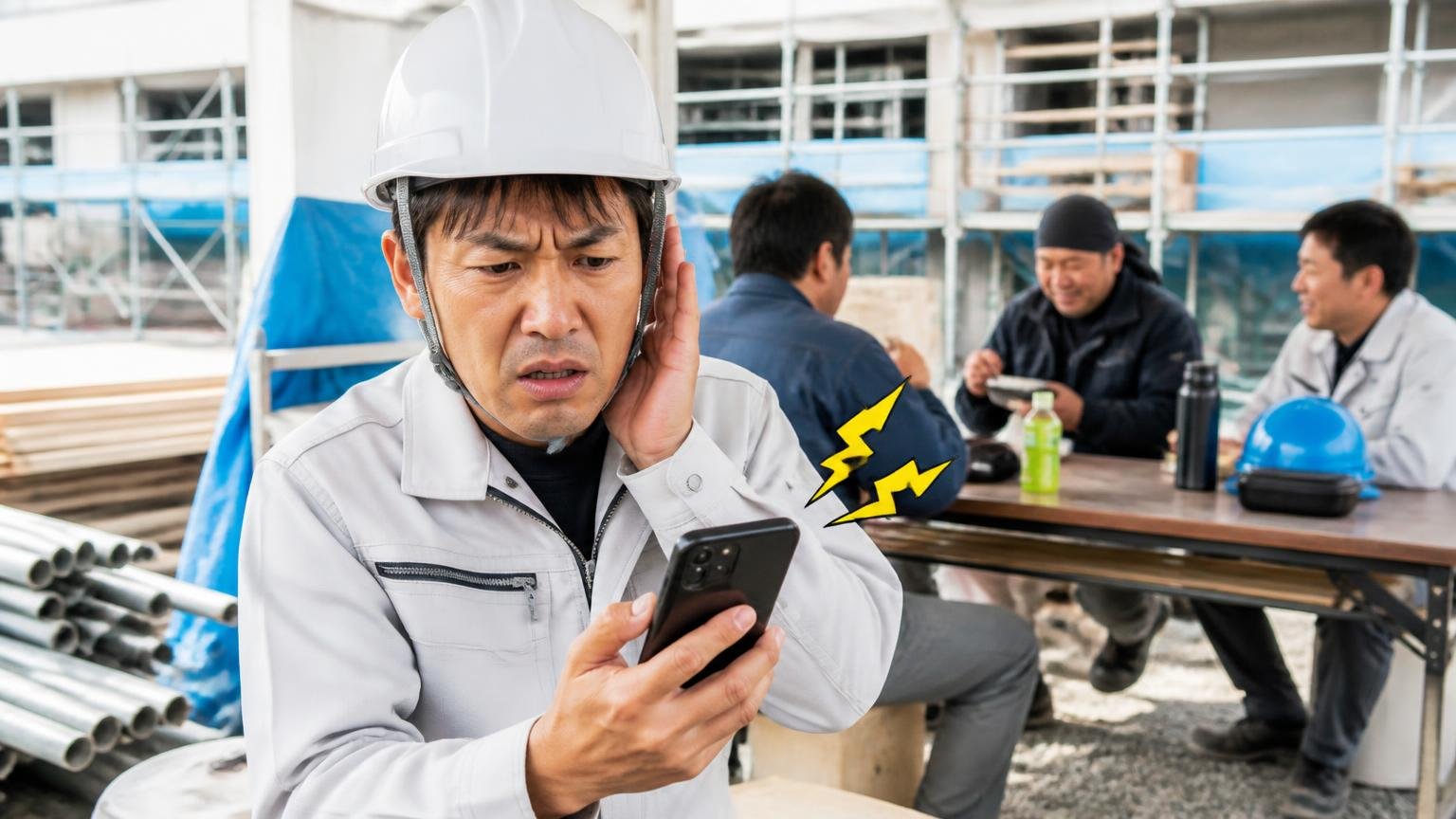 しつこい営業電話への対処。工事現場の休憩中に鳴り続けるスマホを困った顔で見るヘルメット姿の男性