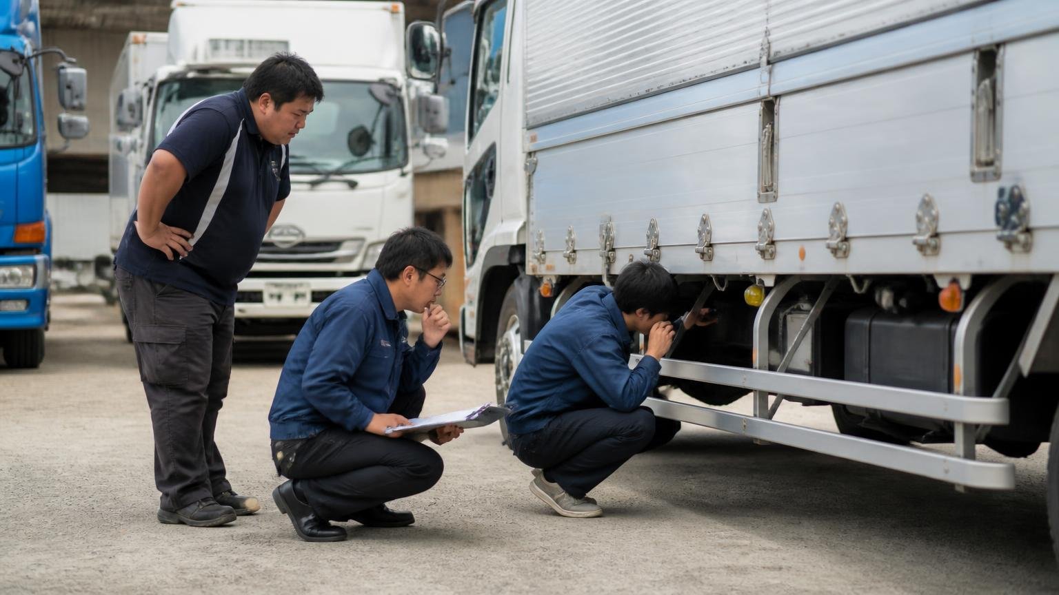 タイプの違う2〜3社を同じ週に並べる 運送会社の車庫で査定士が4tウイングを見る 査定士2人と担当者1人 荷台の下をのぞき込む