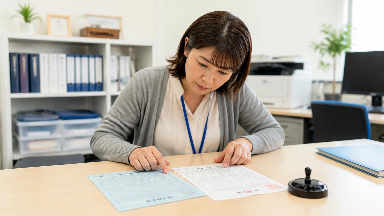 書類は査定前に揃える、事務所のテーブルに車検証と印鑑証明書を並べて確認する事務担当の女性1人