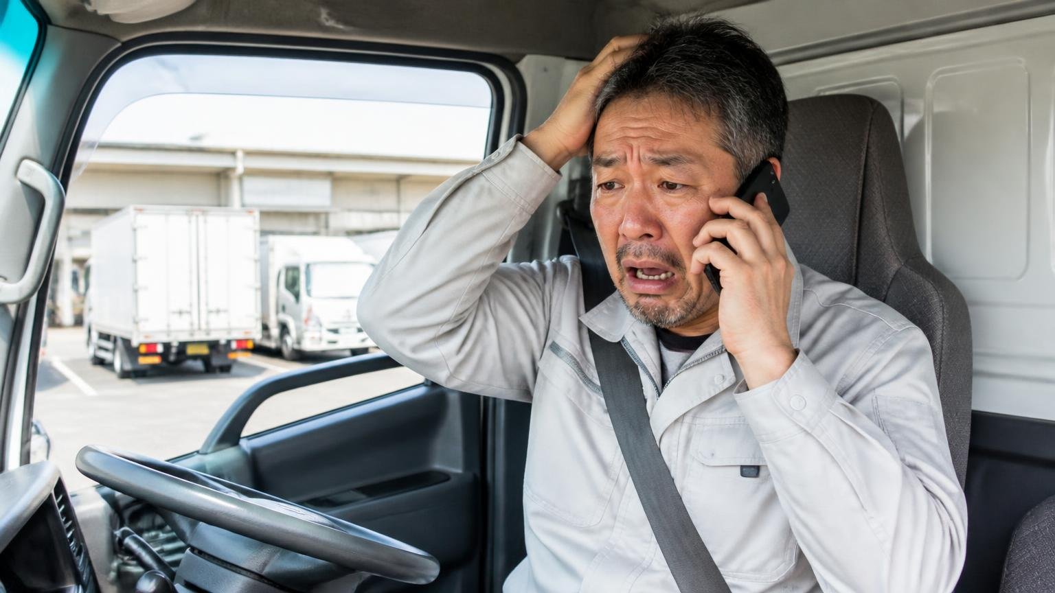 不具合を伝えずに売ると、後から返金を求められることがある 売却から1週間後に電話を受けて頭を抱える作業着の中年男性ドライバー1人