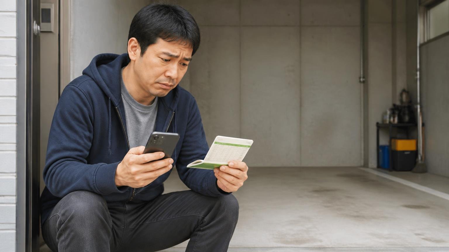 車と実印書類を先に渡して、入金を待ち続けた。空になった車庫で通帳とスマホを交互に見る男性1人、不安げな表情