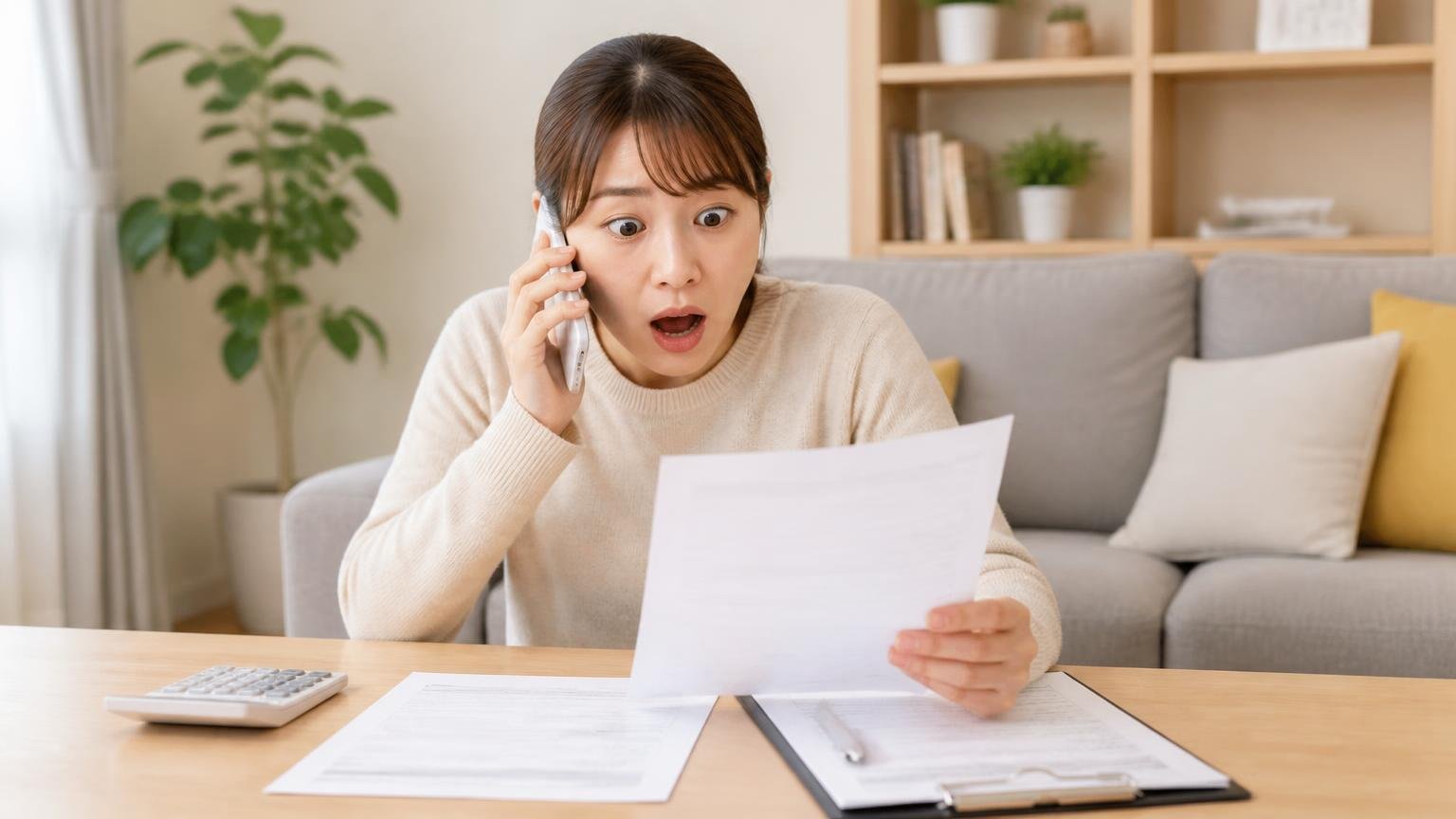 キャンセル料と支払い条件を必ず書面で確かめる 自宅の居間 スマホを耳に当てたまま請求の話に驚いて目を見開く若い女性と机の上の契約書類