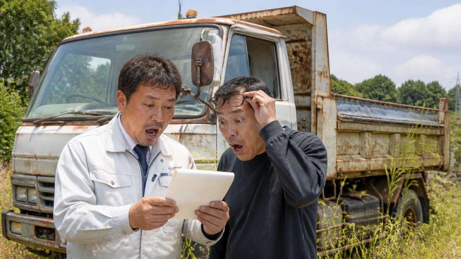 古い車や動かない車でも決めつけない 草の生えた空き地の古いダンプの前 男性2人 査定額のメモを見て目を丸くして驚く