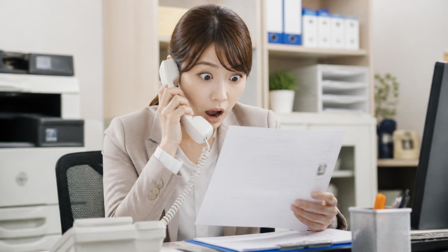 キャンセル料と代金の支払い条件を書面で確かめる 事務所の電話口 受話器を手に書類を見つめ目を見開いて驚く若い女性