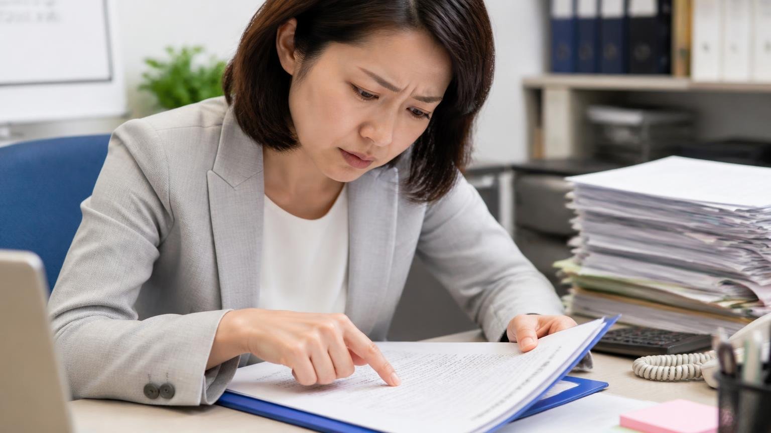 キャンセル料と代金の支払い条件を書面で確かめる 事務所の机 契約書のキャンセル料の欄を指でなぞり 眉をひそめる女性事務員