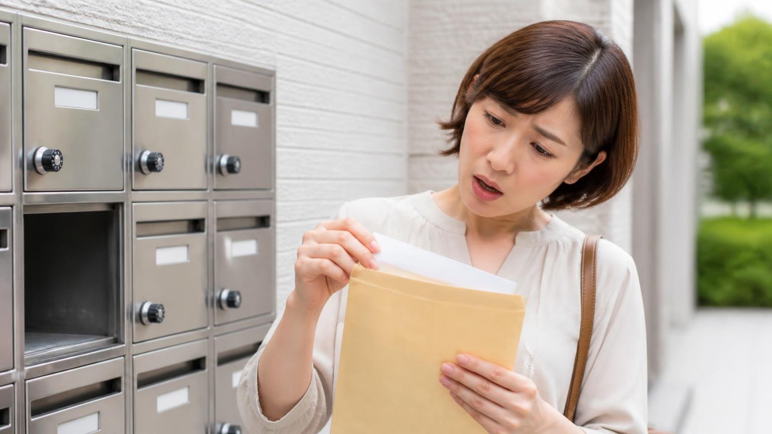 名義変更の完了と自動車税の扱いを確認する 営業所の郵便受けの前 届いた封筒を開けた女性1人が首をかしげて驚く