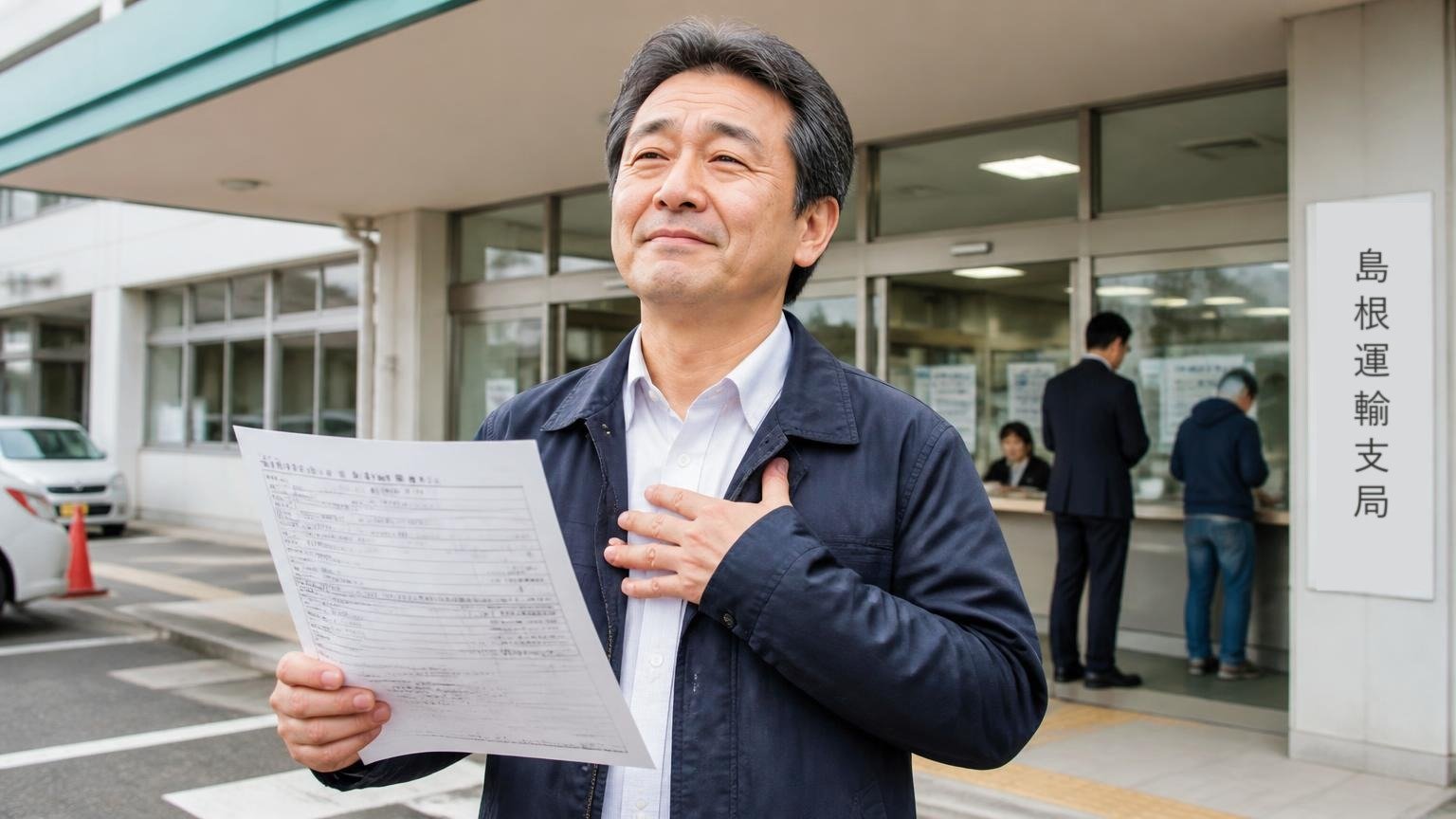 名義変更の完了と自動車税の扱いを確認する　松江市の運輸支局の窓口前で、車検証のコピーを受け取り胸をなで下ろす50代の運送会社社長