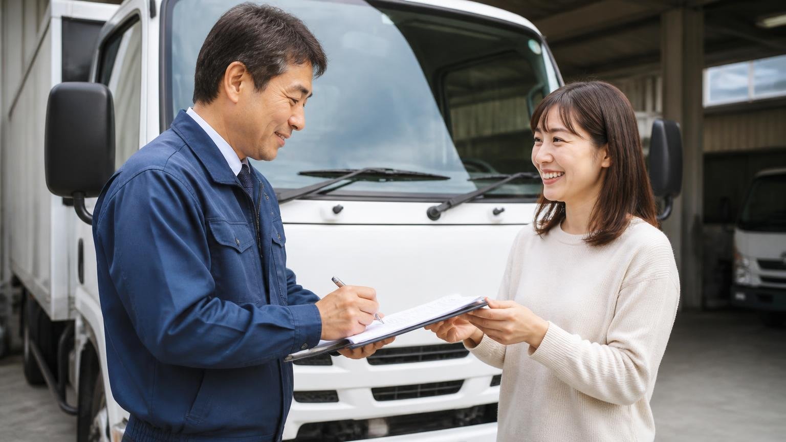 査定額の有効期限と減額条件を書面でもらう 営業所の車庫で2tトラックの前に立ち見積書に書き込む査定員と受け取る女性1人が笑顔