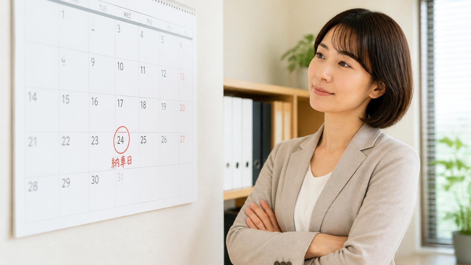 急がず、自分の入替タイミングで決める 事務所の壁掛けカレンダーの前 女性1人が納車日に丸をつけて腕を組み、落ち着いた笑顔でうなずく