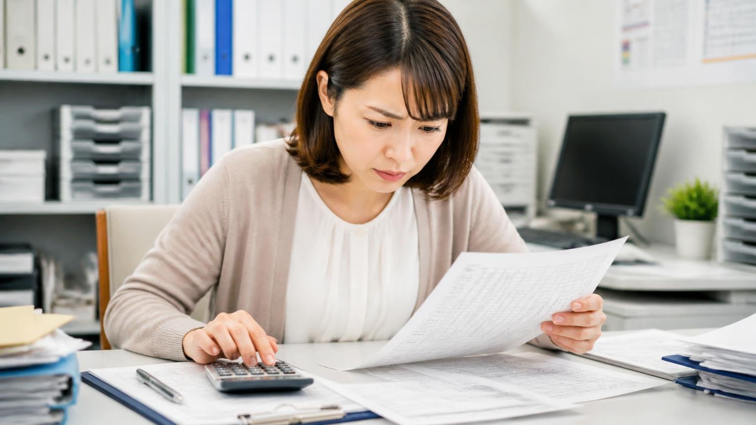 税金・保険・リサイクル料金の扱いは見積書で確認する 事務所の机で女性事務員1人が見積書の内訳を電卓片手に真剣に確認