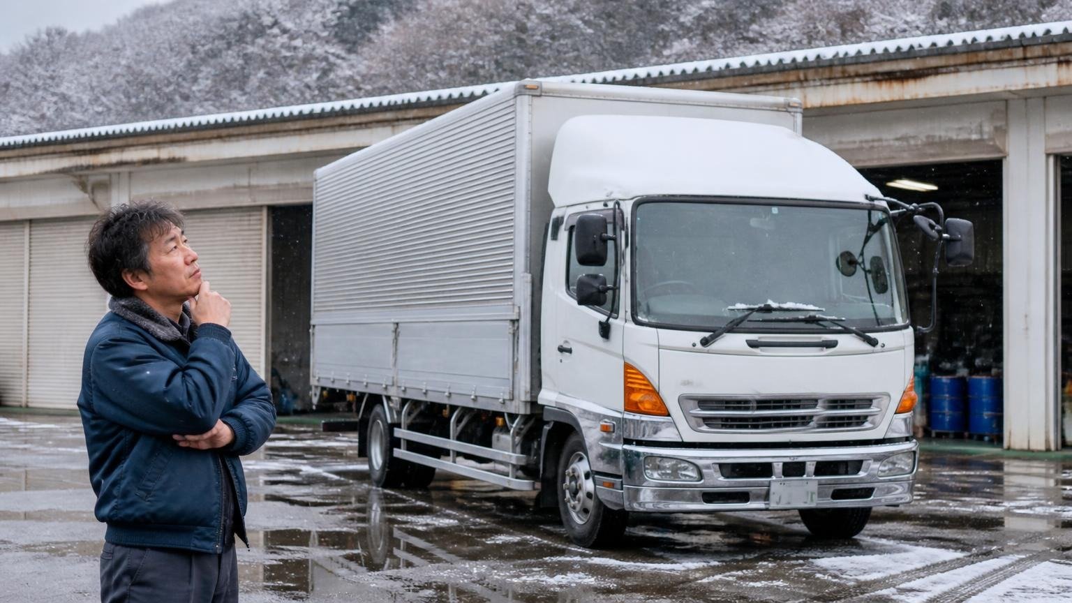 雪が降り始めた鳥取の車庫の前で、4tトラックを見上げながら売る時期を考え込む40代男性1人