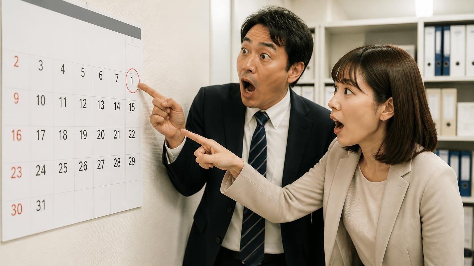 売る時期は「入替の予定」と「4月1日」から逆算する 事務所の壁のカレンダーの前で男女2人が4月1日を指さして驚く