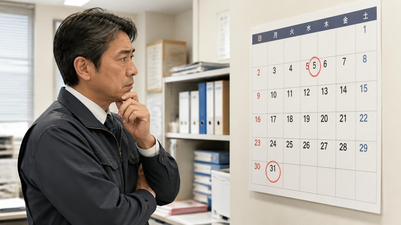 売るタイミングは「車検」「4月1日」「繁忙期」の3つで考える、事務所の壁のカレンダーの前で、男性経営者が車検の日付と3月末に赤丸をつけて考えている