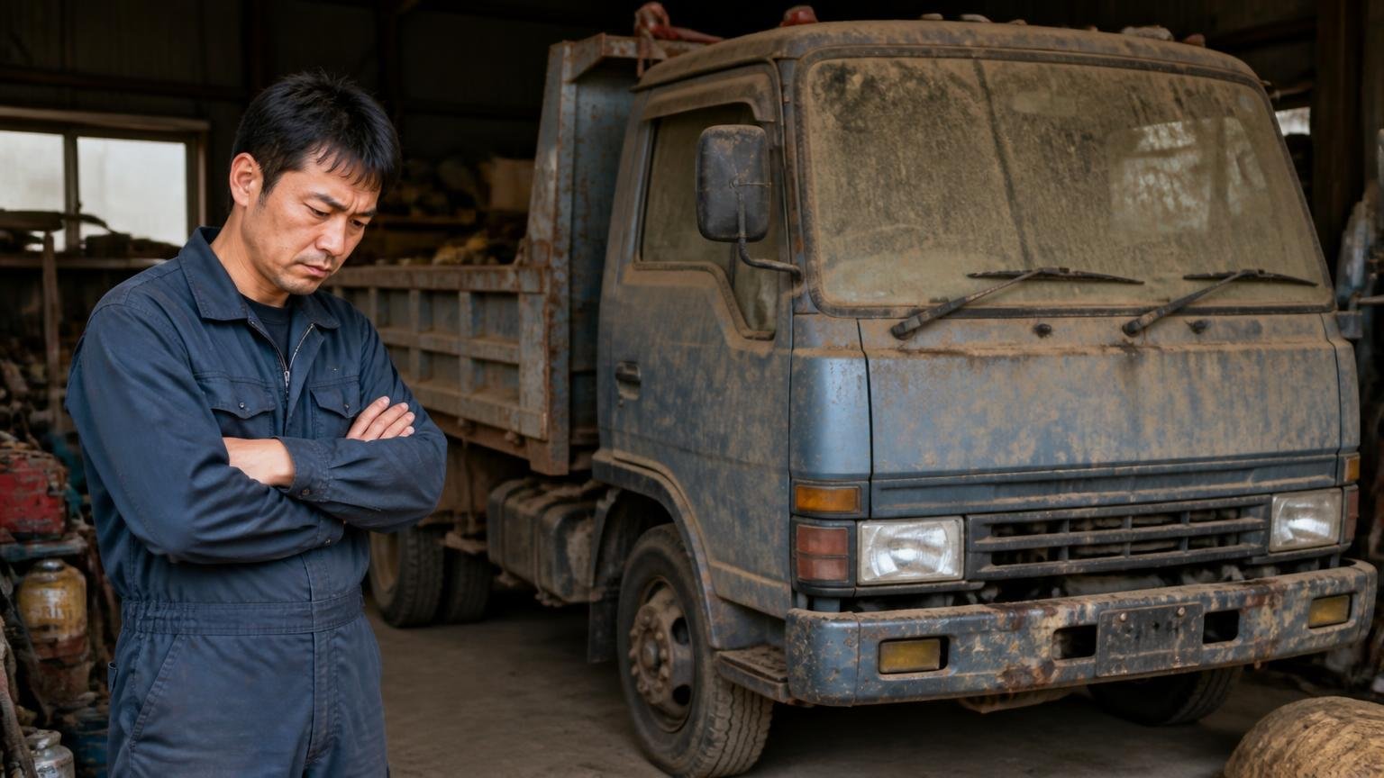 「値段がつかない」は1社の販路の話。処分費を払う前に2社目へ 車庫の奥で埃をかぶった車検切れの2tダンプを前に腕を組む男性1人、あきらめかけた表情