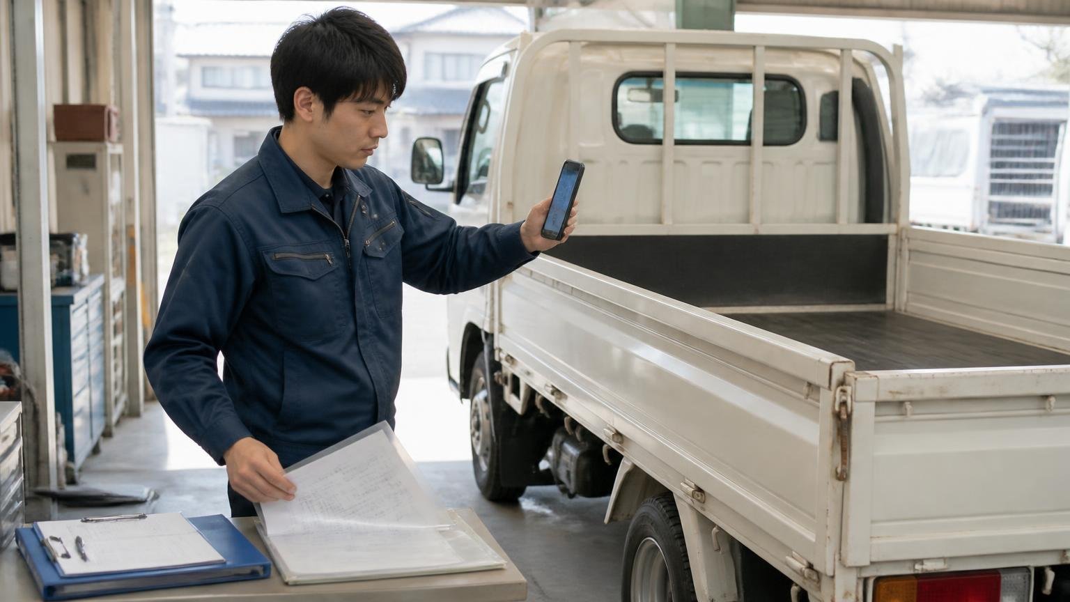 査定前の準備は、洗車より「書類と写真」。早朝の車庫で車検証と整備記録簿をクリアファイルに揃え、スマホでトラックの荷台を撮影する若い男性ドライバー1人
