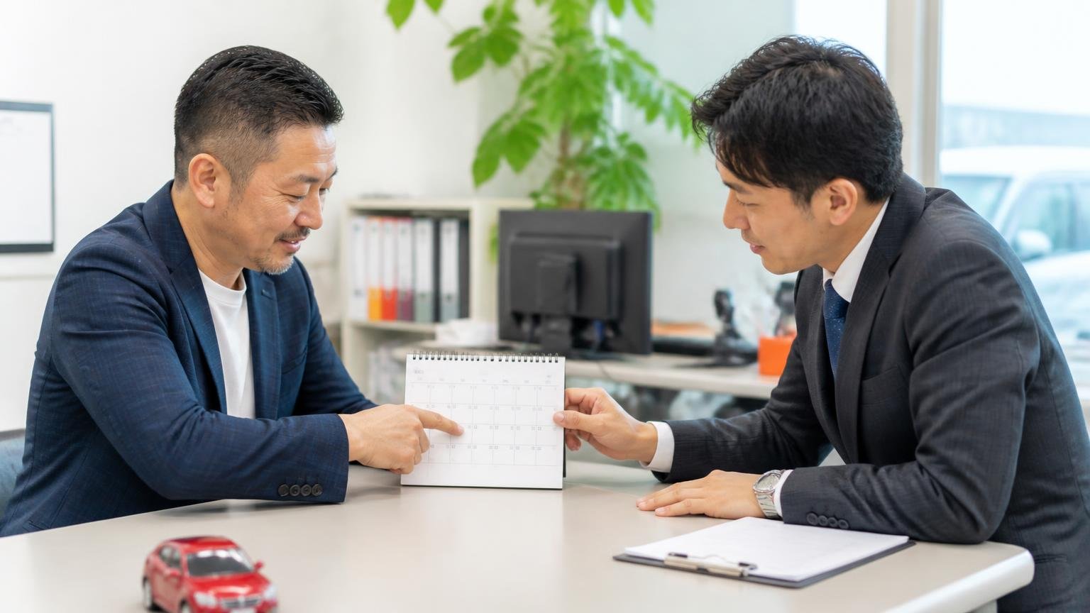 引き渡し日は自分で決める、営業所の事務机でカレンダーを指しながら引き渡し日を決める経営者と査定担当の男性2人