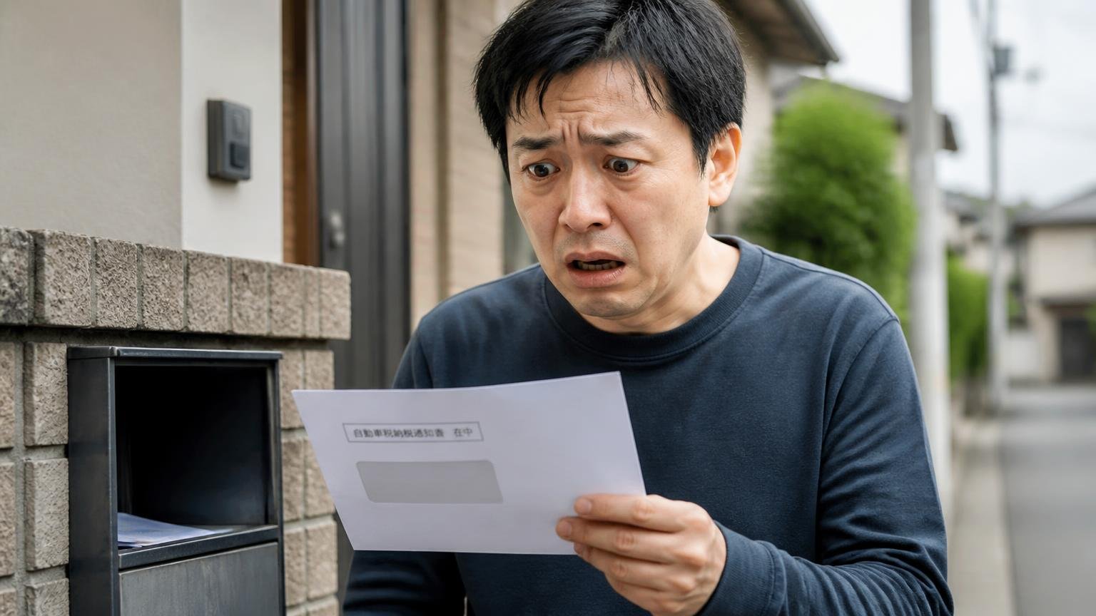 名義変更が終わったかを確認しない 自宅の郵便受けで自動車税の納税通知書を手に立ち尽くす屋外 元所有者1人 青ざめた表情