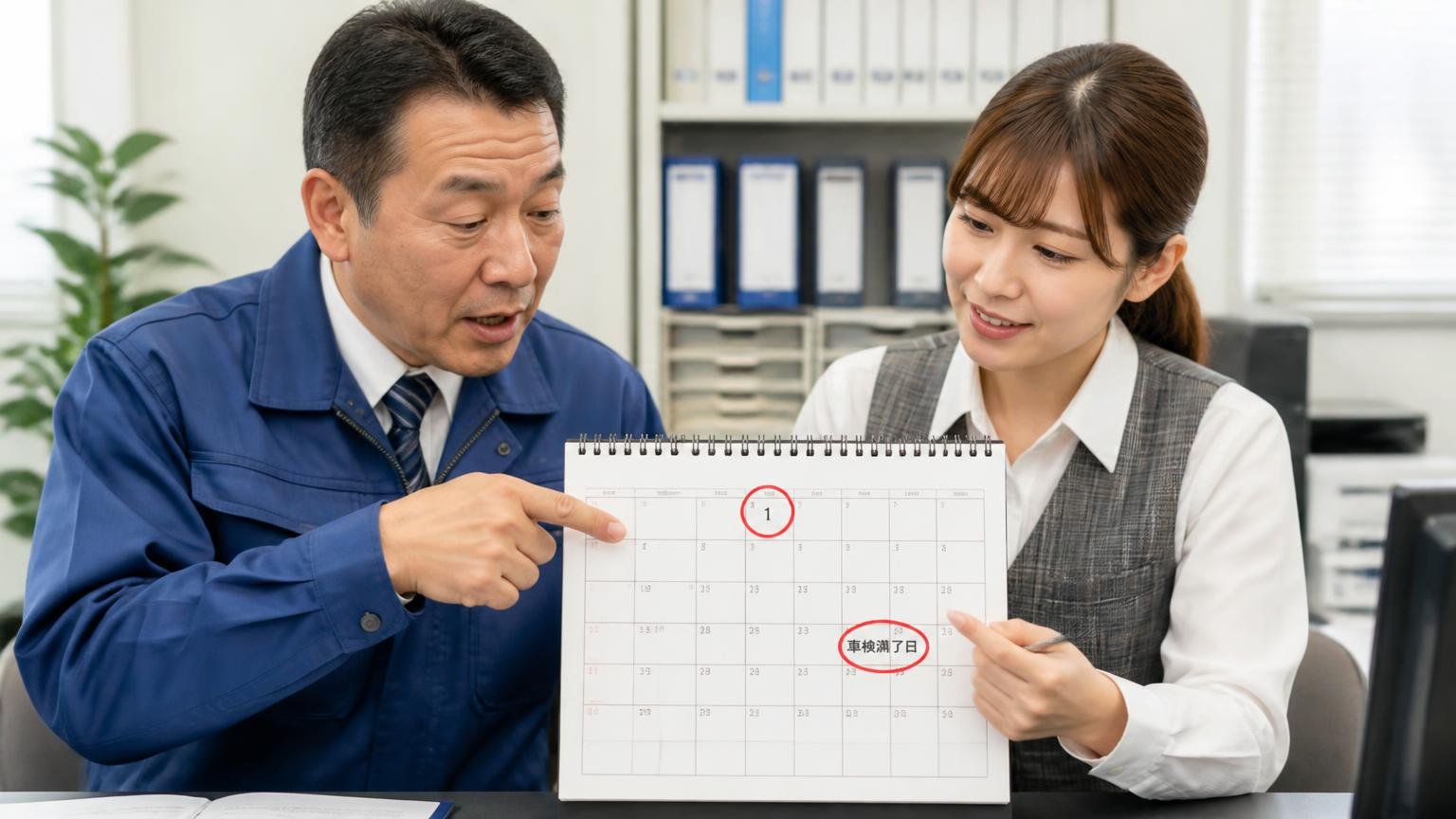 売るタイミングは車検と決算と4月1日の自動車税を目安にする 事務所のカレンダーの4月1日と車検満了日に赤丸をつけて相談する社長と女性事務員