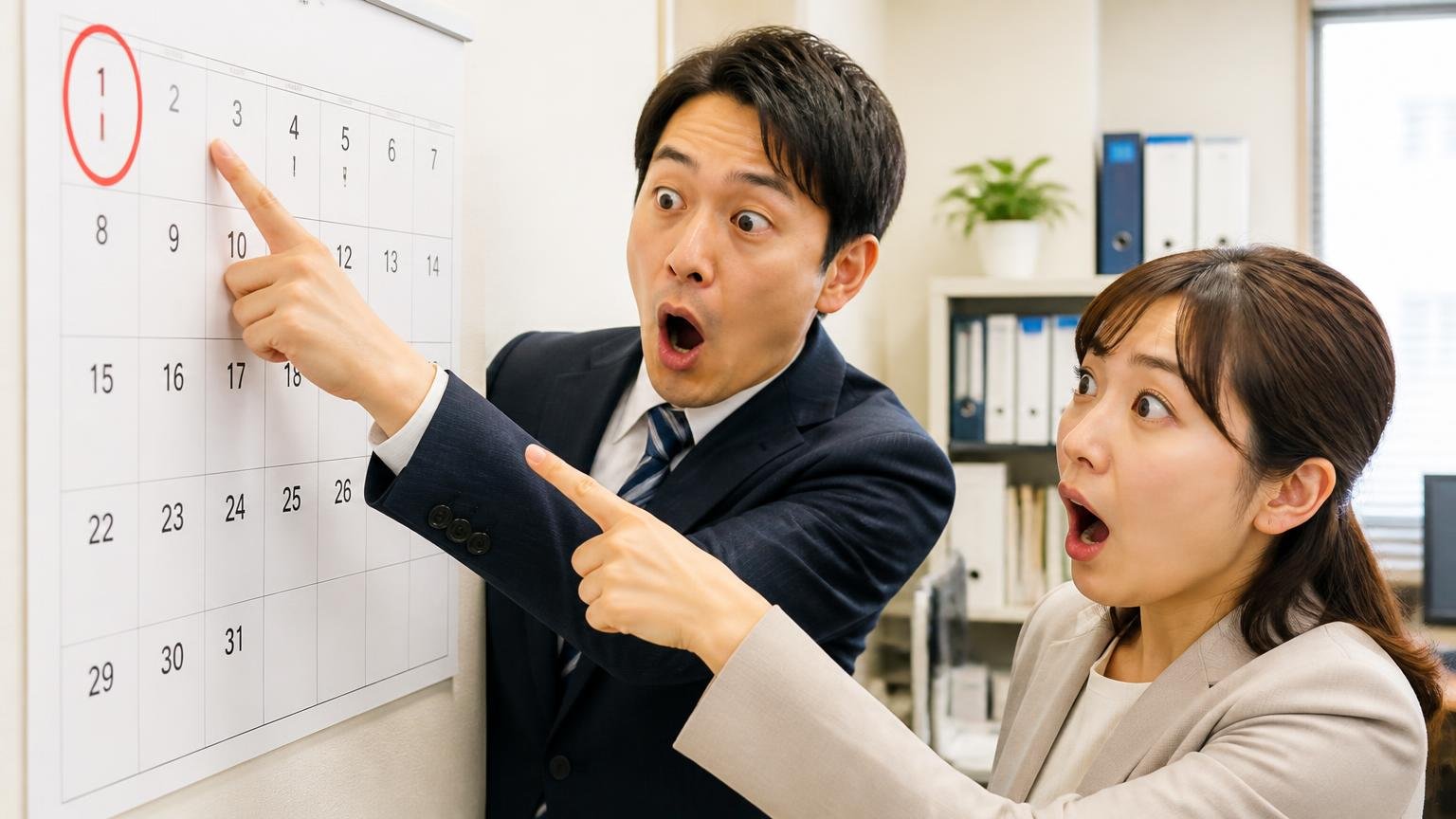 売る時期は「入替の予定」と「4月1日」から逆算する 事務所の壁のカレンダーの前で男女2人が4月1日を指さして驚く
