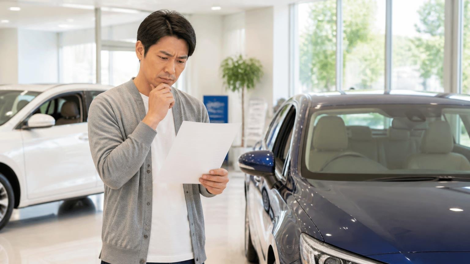 ディーラー下取りも選択肢だが比べる相手を用意する。ディーラーの展示場で新車の前に立ち、見積を手に迷う男性