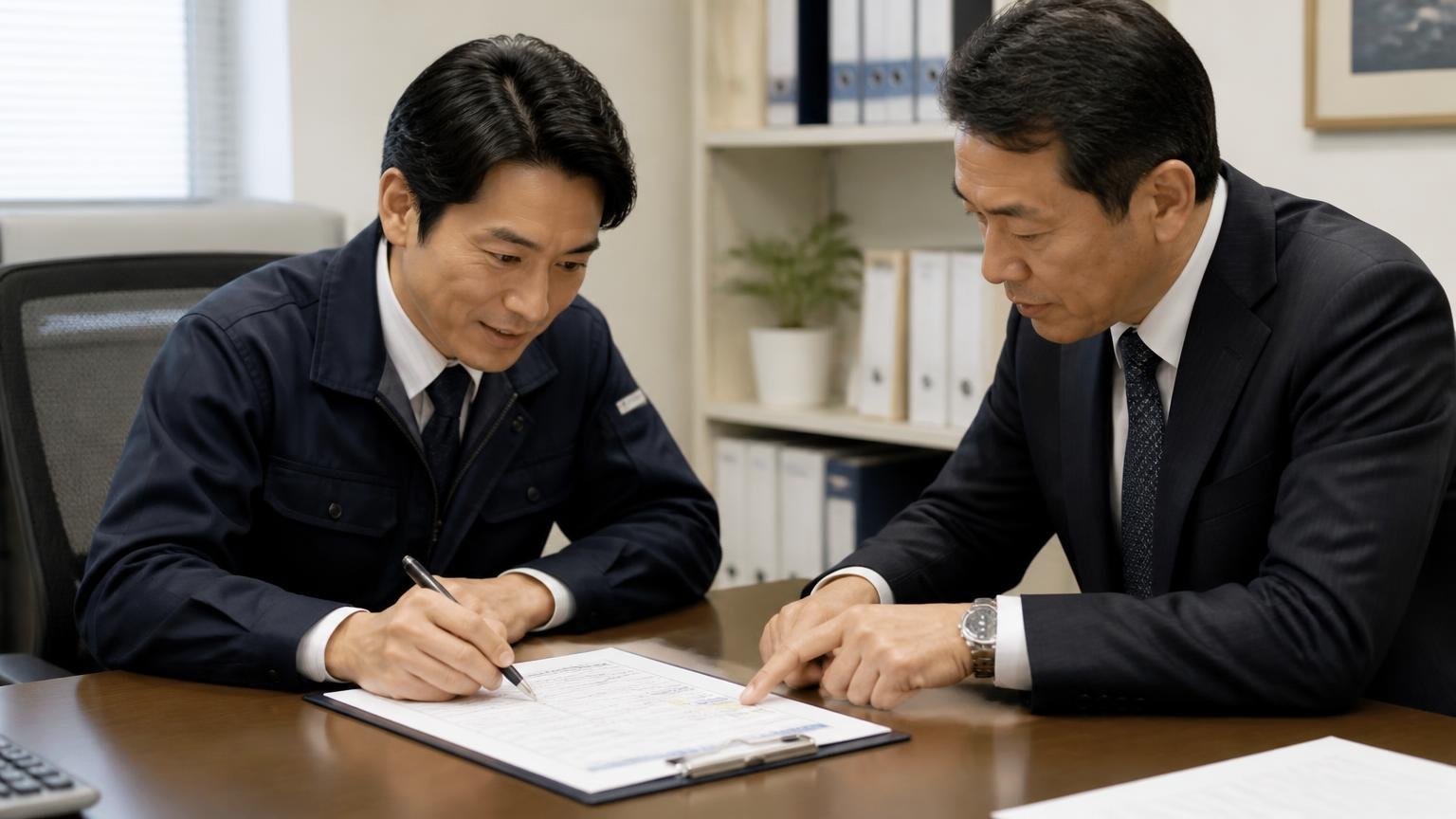 査定書に有効期限と減額しない一文を書いてもらう 事務所で査定書の金額欄にペンで書き込む 査定士と社長の男性2人 書面を指さして確認