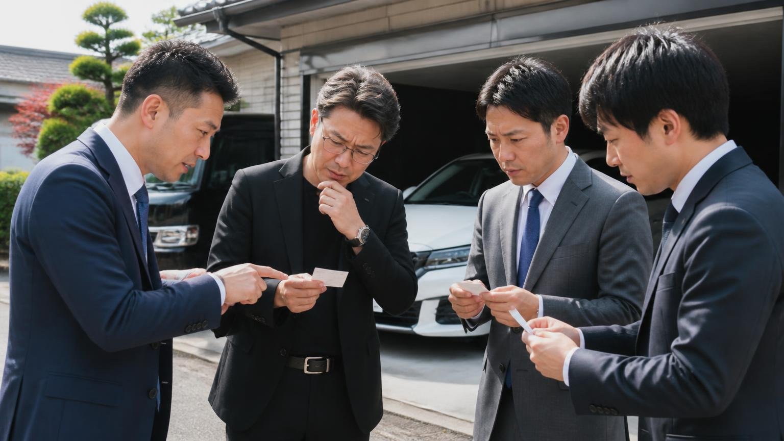 「即決なら」の金額の読み方と同時査定の段取り、車庫前で名刺の裏の金額を見比べる男性経営者と査定士3人