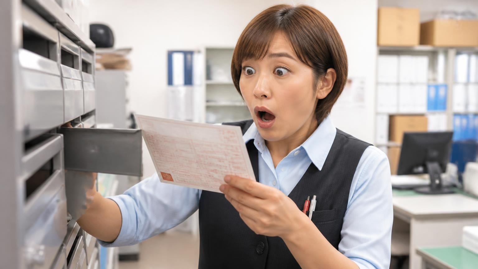 名義変更が遅れて、翌年度の自動車税の納付書が届いた。郵便受けから納付書を取り出し、目を見開いて驚く運送会社の事務員の女性