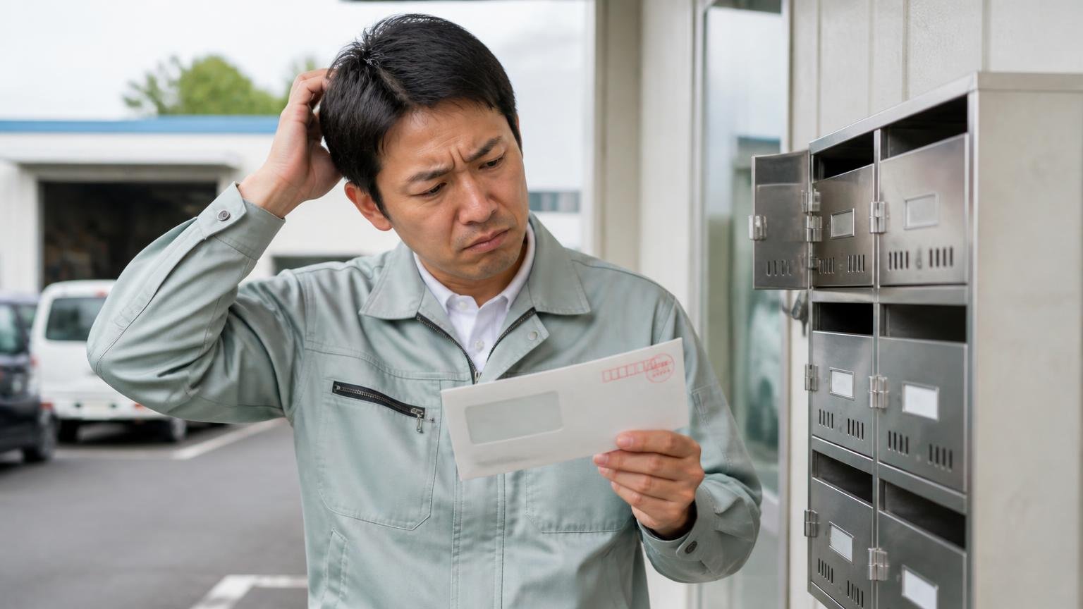 名義変更の完了と自動車税の扱いを確認する 営業所の郵便受けの前 届いた納税通知書の封筒を手に首をかしげて困り顔になる作業着の男性