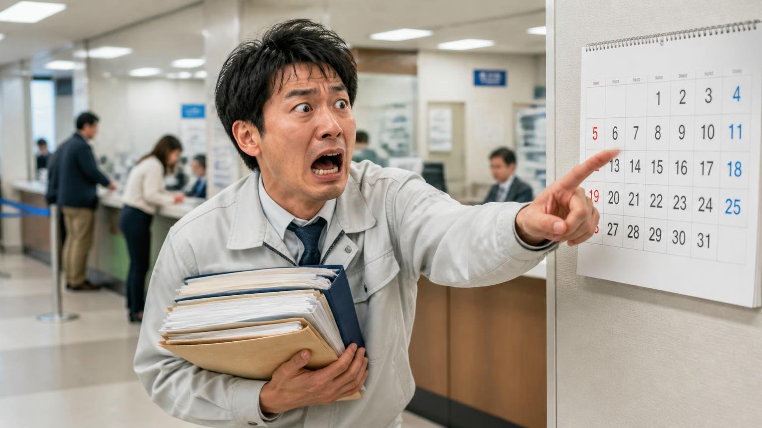 名義変更の完了と自動車税(種別割)の扱いを確かめる 役所の窓口前 書類の束を抱えてカレンダーを指さし焦る作業着の男性
