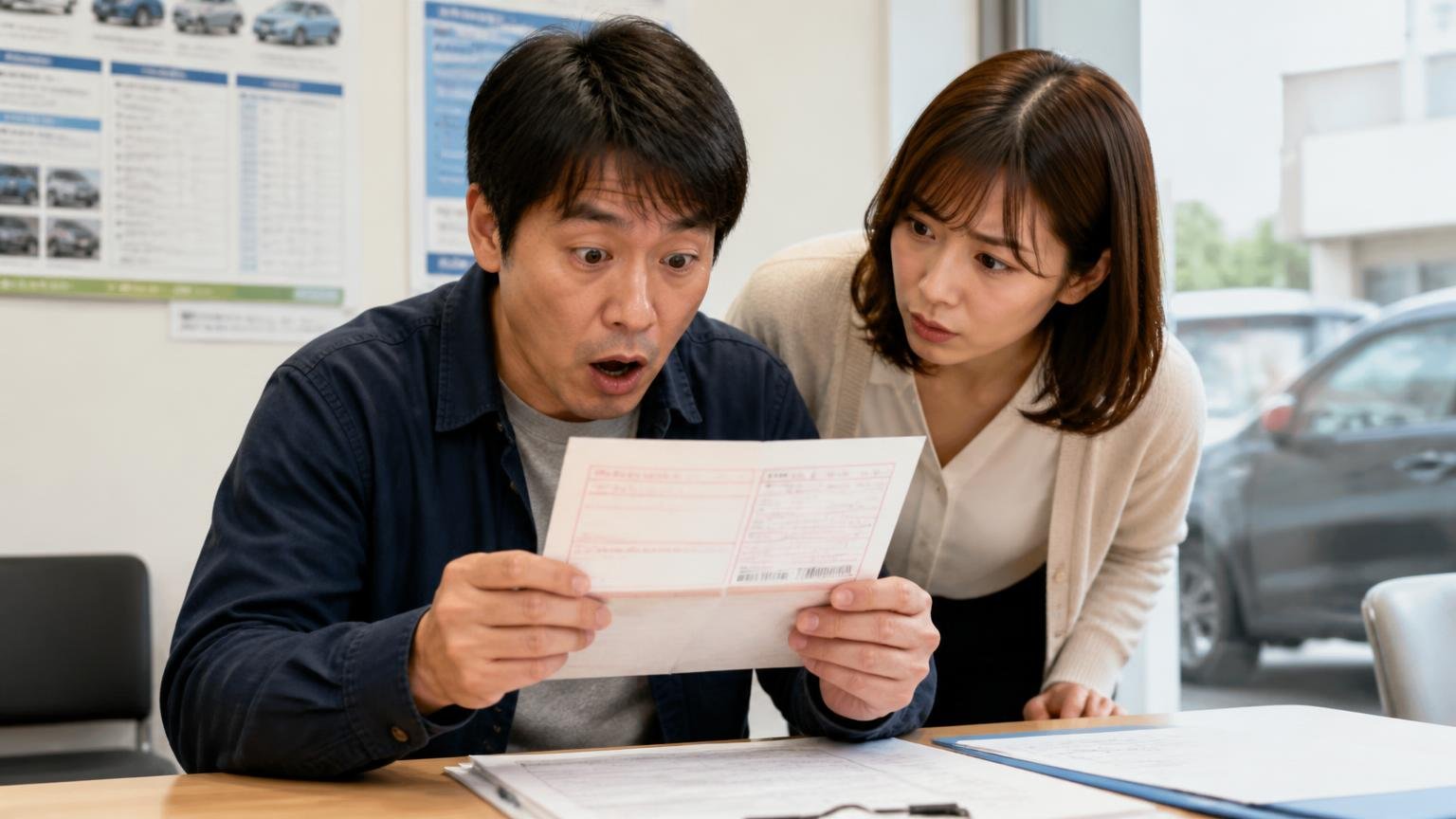 名義変更の完了と自動車税(種別割)の扱いを確かめる 営業所の机 届いた納税通知書を手に口を開けて固まる男性と横でのぞき込む女性