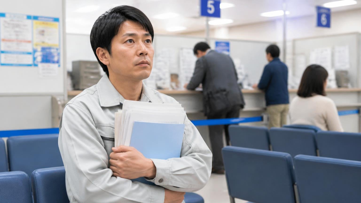 名義変更の完了と自動車税の扱いを確かめる 役所の待合ロビー 書類の束を胸に抱えた作業着の男性が 真剣な顔で順番を待つ