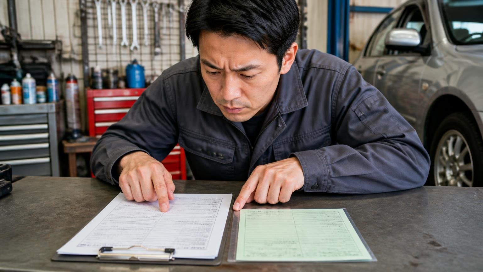リサイクル料金・自賠責の扱いを見積書で確認する 車庫の作業台 見積書とリサイクル券を並べた男性1人が指でなぞって見比べる