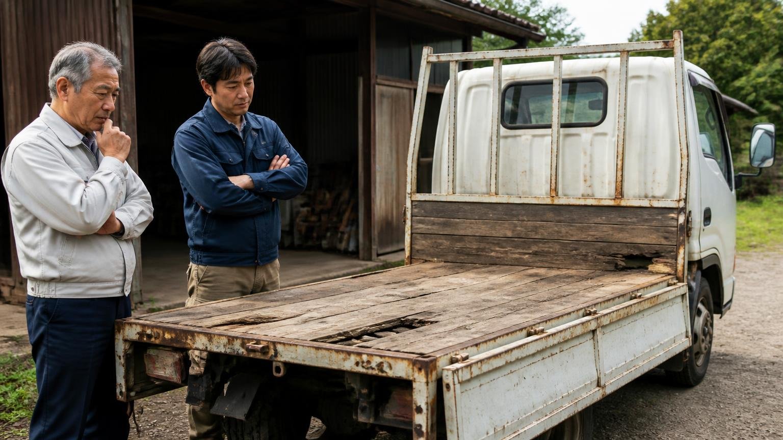 動かない・古いトラックでも「廃車」と決めつけない、納屋の前で、荷台の床が傷んだ4tトラックを年配の父親と息子が見つめて悩む場面
