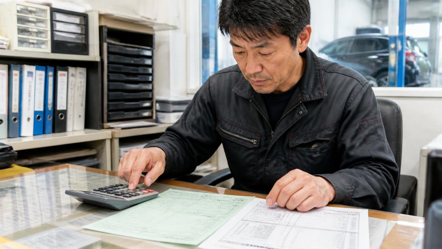 リサイクル料金・自賠責の扱いを見積書で確認する　江津市の整備工場の事務所で、リサイクル券と見積書を並べて電卓をたたく40代の男性整備士