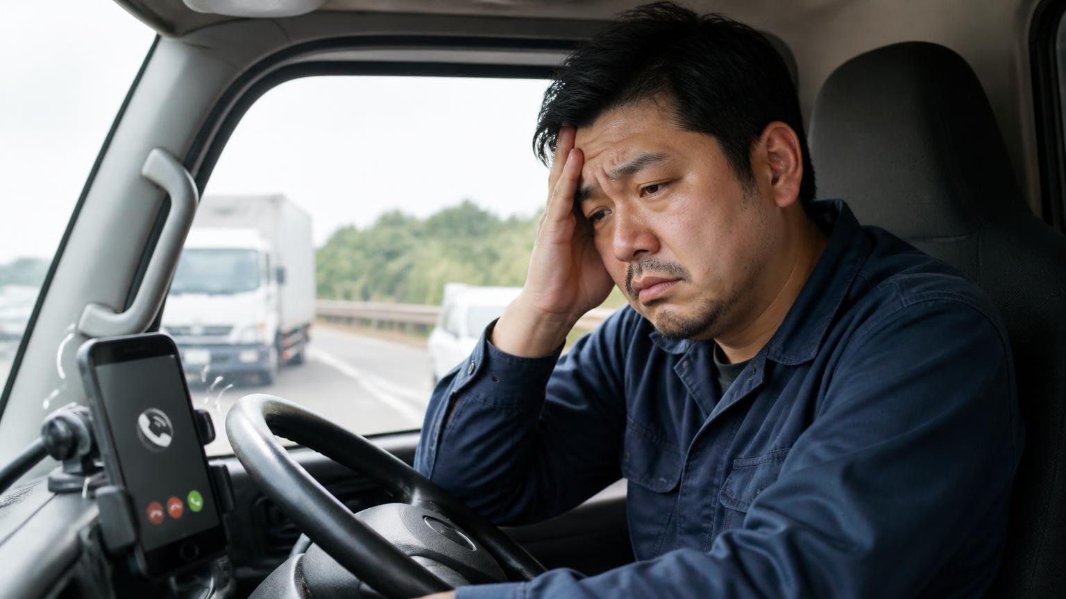 営業電話が怖くて1社で止めてしまう 配送中のトラック運転席で鳴り続けるスマホを見る場面 ドライバー1人 うんざりした表情