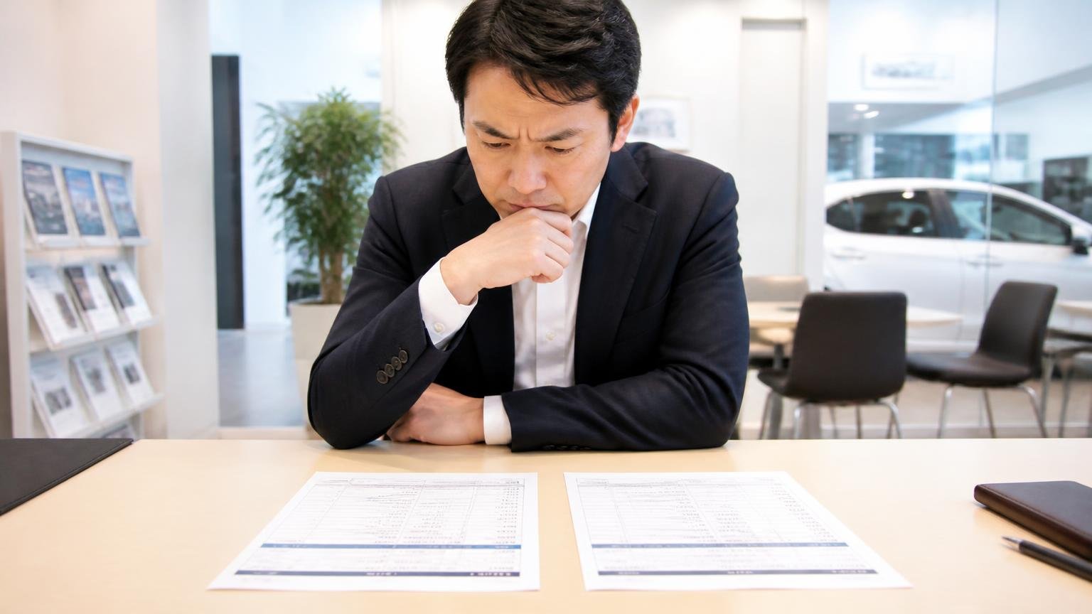 ディーラー下取りと買取を同じ土俵で比べる|ディーラーの商談机で下取り見積と買取見積の2枚を並べて見比べる男性経営者1人