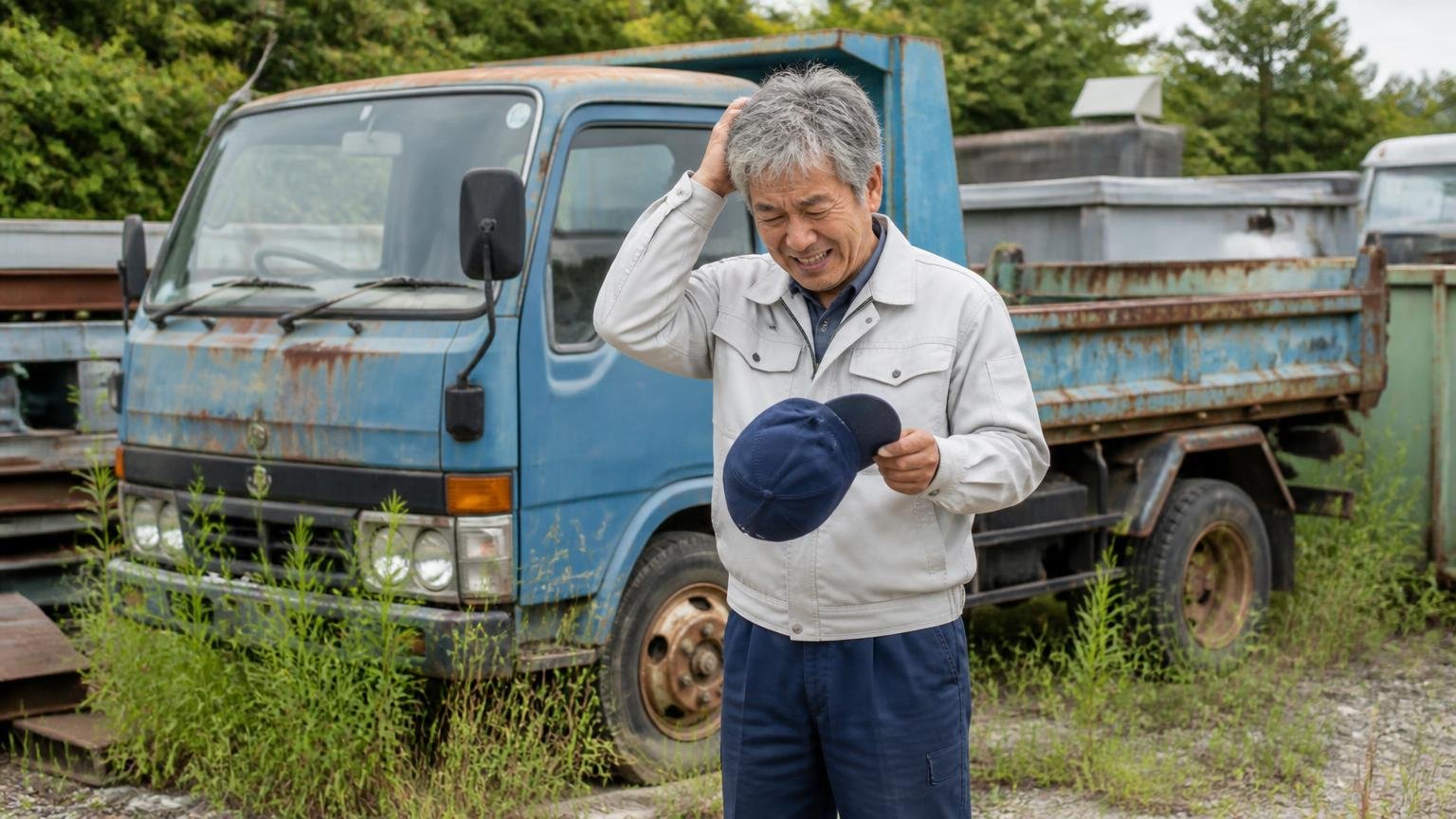低年式・過走行・不動車は販路の違う業者に見せる 雑草の生えた資材置き場に止まった古い2tダンプの前 60代の男性1人 帽子を取って頭をかき苦笑い