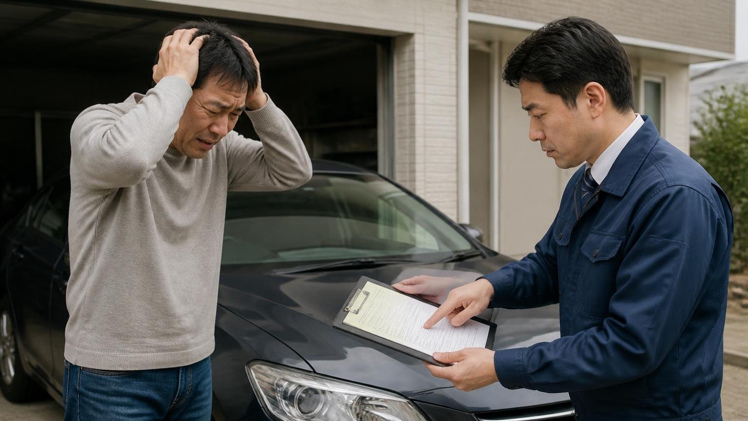 ローンが残ったまま(所有権留保)査定を呼んで、話が止まった。車庫の前で査定士が車検証の所有者欄を指差し、依頼者の男性が頭を抱える