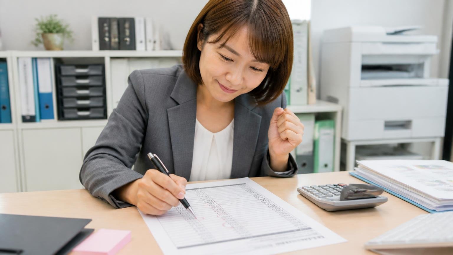 リサイクル料金・自賠責の扱いを見積書で確認する 事務所の机 見積書の内訳の行にペンで丸をつけながら納得してうなずく事務担当の女性