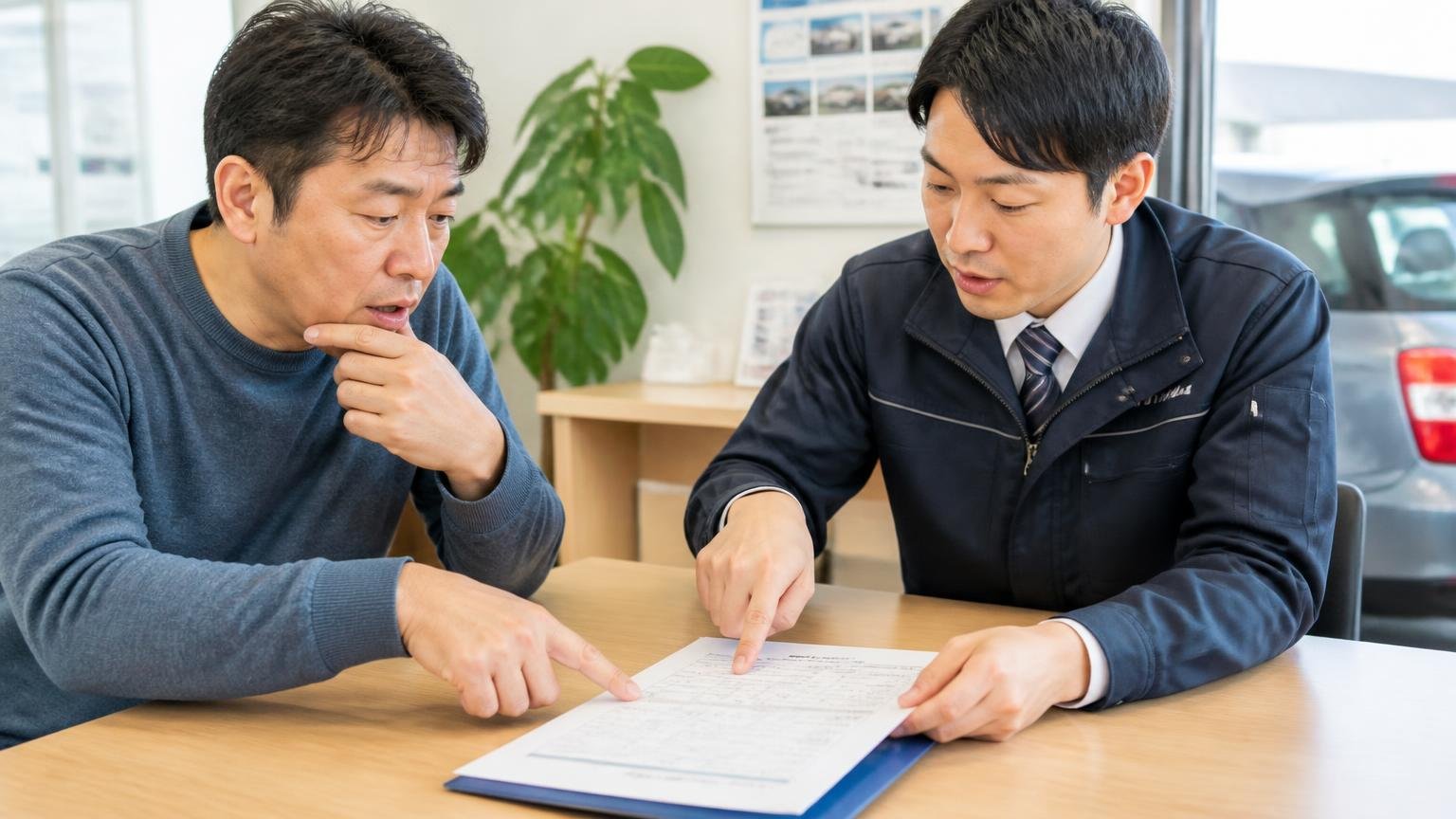 リサイクル料金と自賠責の扱いを見積書で確かめる 営業所の応接机 見積書の内訳を査定士に指さして質問する男性2人