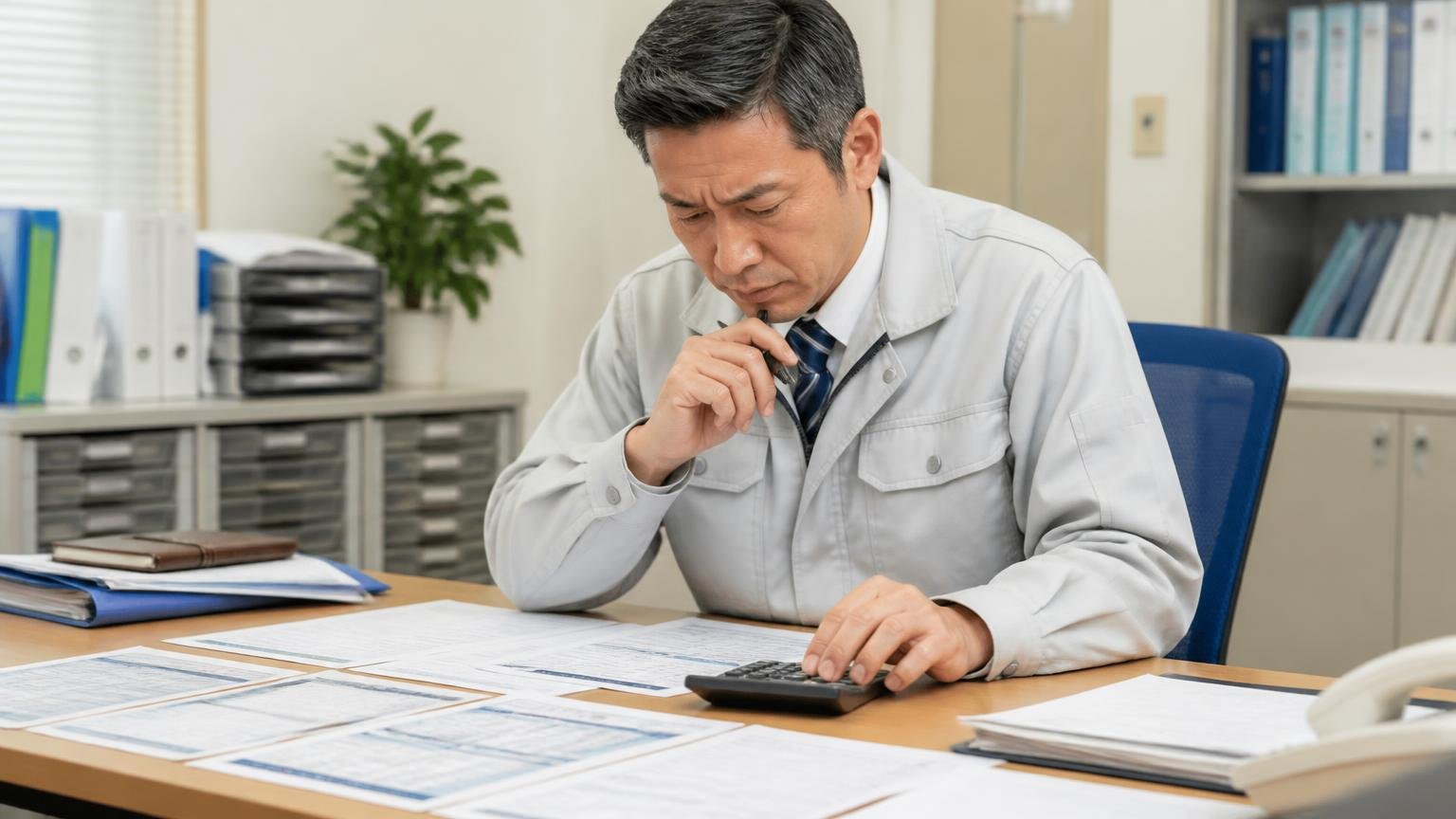 リサイクル料金と自賠責の扱いを見積書で確かめる 事務所の机に広げた見積書 電卓をたたきながら項目を1つずつ確かめる男性