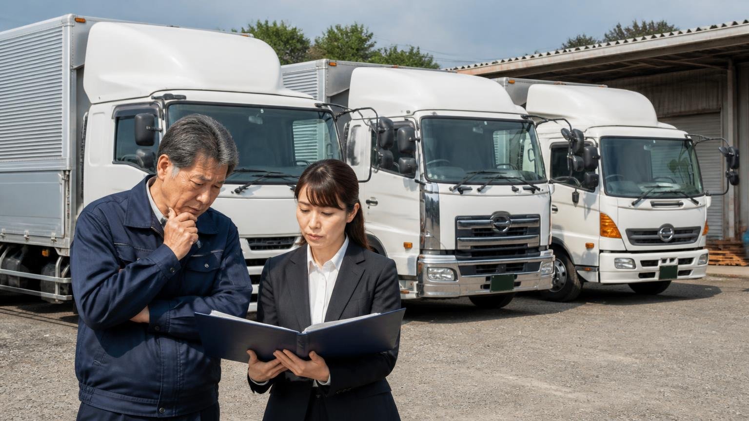複数台・架装車は「まとめて」「専門店に」相談する、廃業する運送会社の車庫に並んだ3台のウイング車の前で、年配の男性社長と女性事務員が台帳を見ながら相談している
