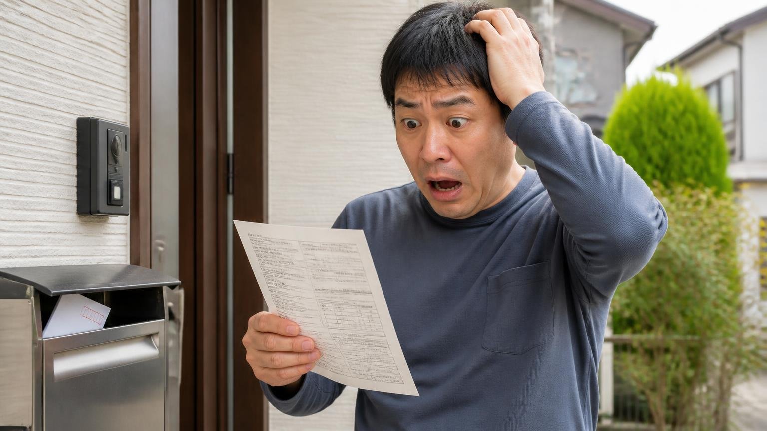 名義変更の完了を確認しないと翌年の自動車税が自分に来る 郵便受けから届いた納税通知書を見て驚く男性1人、玄関先