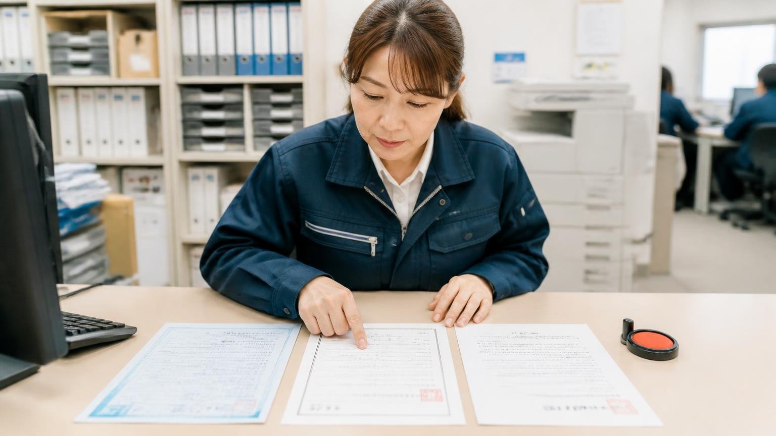 書類を先にそろえる、事務所の机に車検証と印鑑証明と譲渡証明書を並べて確認する運送会社の事務担当の女性