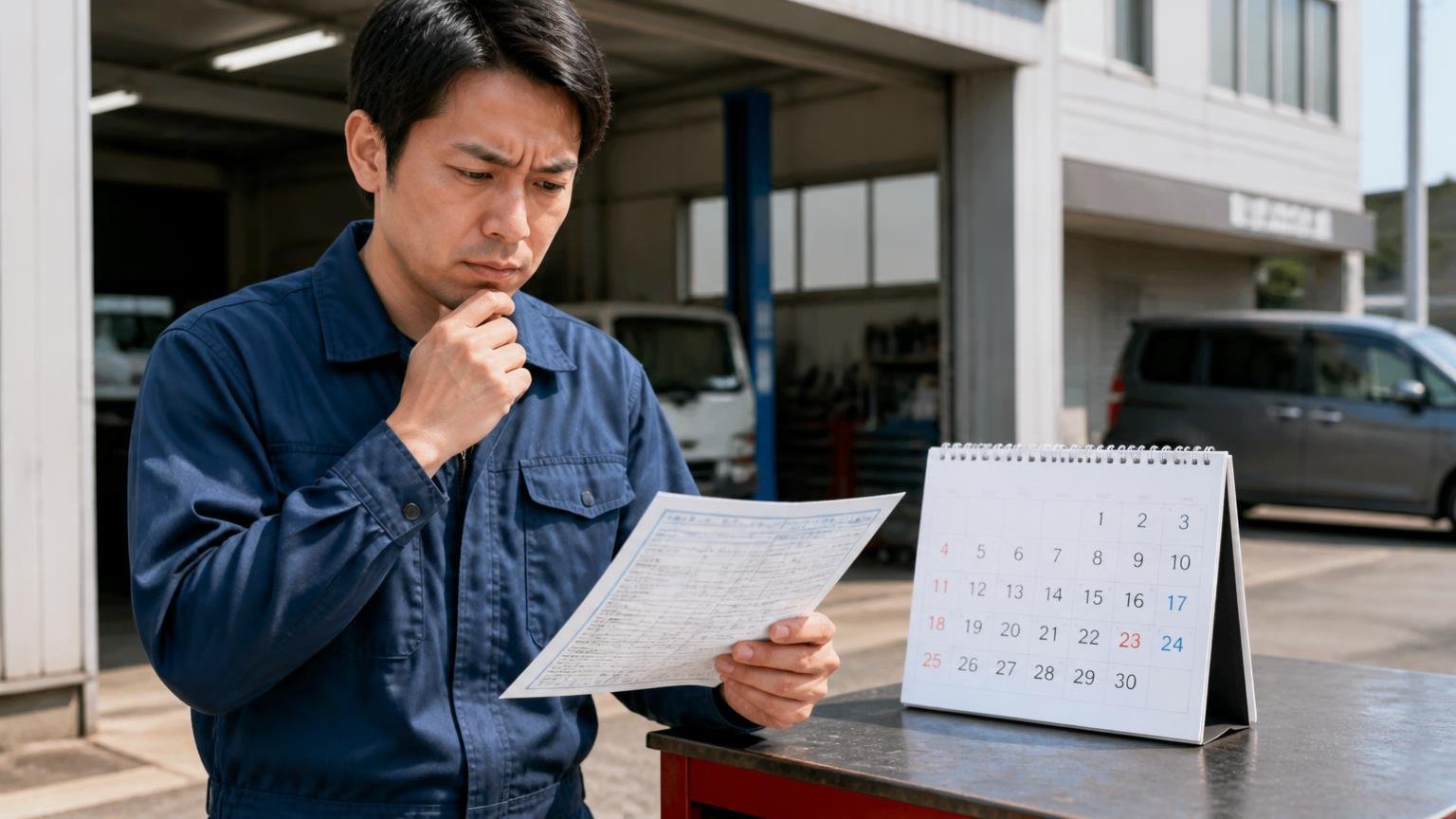売る時期と車検残を意識する|整備工場の前で車検証の満了日を確認しながらカレンダーを見る作業着の男性1人