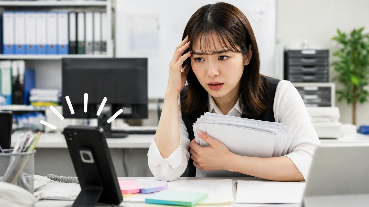 営業電話に追われないための申し込み方 事務所で鳴り続けるスマホを前に困った顔で書類を抱える女性事務員1人