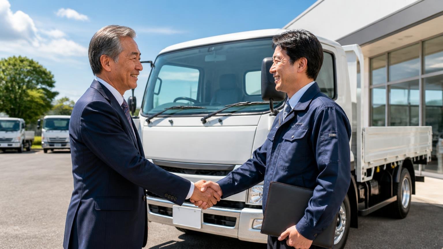 新車への乗り換えなら下取りが合理的な場面もある、トラックディーラーの店先で、新車の4tトラックの前に立つ年配の社長と営業担当者が笑顔で握手する場面