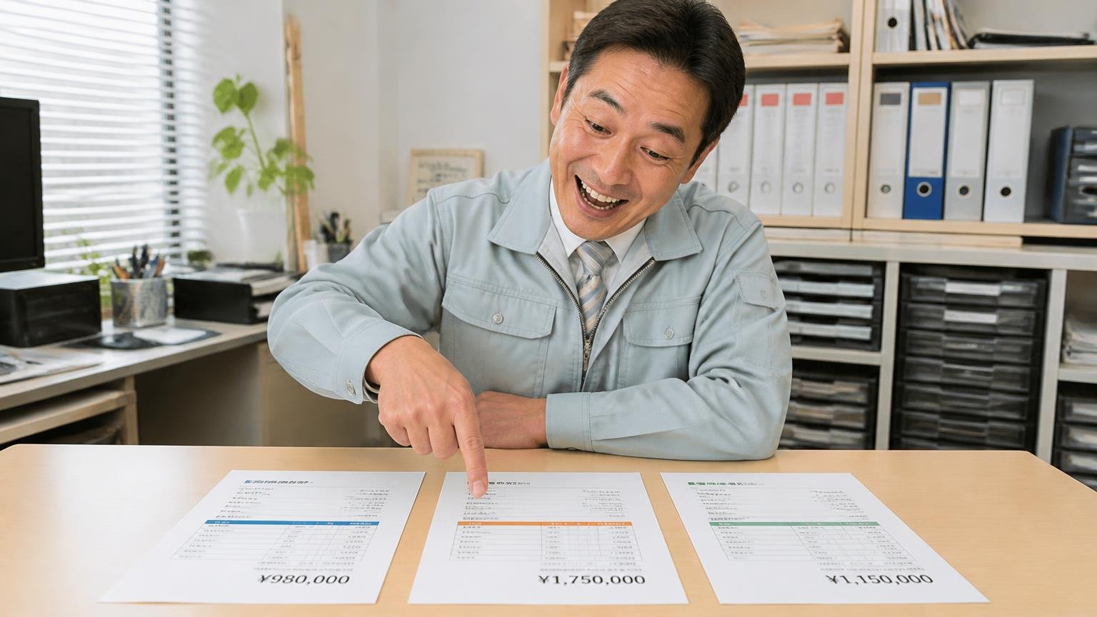 地元の業者1社に、全国対応の業者を1〜2社並べる 営業所の机に3枚の見積書を並べ いちばん高い1枚を指さして笑顔になる男性